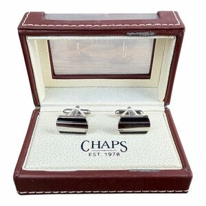 Chaps Silver-Tone Cufflinks with Black Inlaid Stripes Designer - $32 Retail MSRP